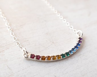 Sterling Silver Rainbow Necklace, Dainty Chakra Necklace, Skinny Bar, Choker, Minimalist