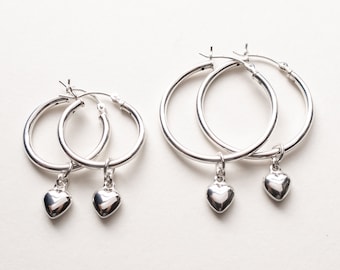 Thick Hoop Earrings with Heart Charms, Sterling Silver