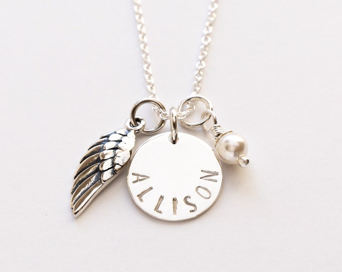 Angel Wing Necklace Personalized with Name, Sterling Silver