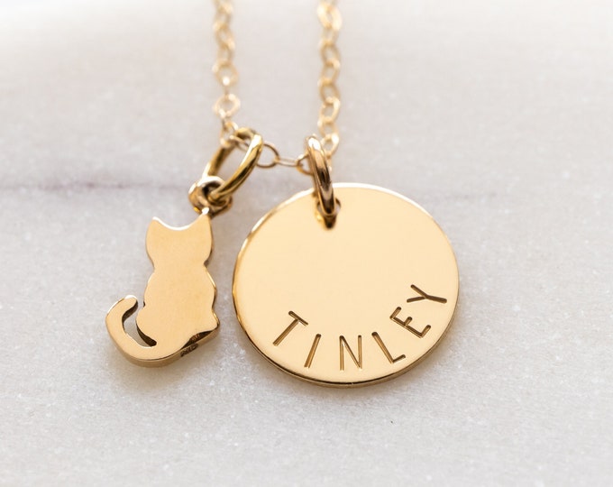 Gold Cat Necklace, Personalized with Cat's Name, Cat Lover Gift, Pet Memorial, Gold Filled and Bronze