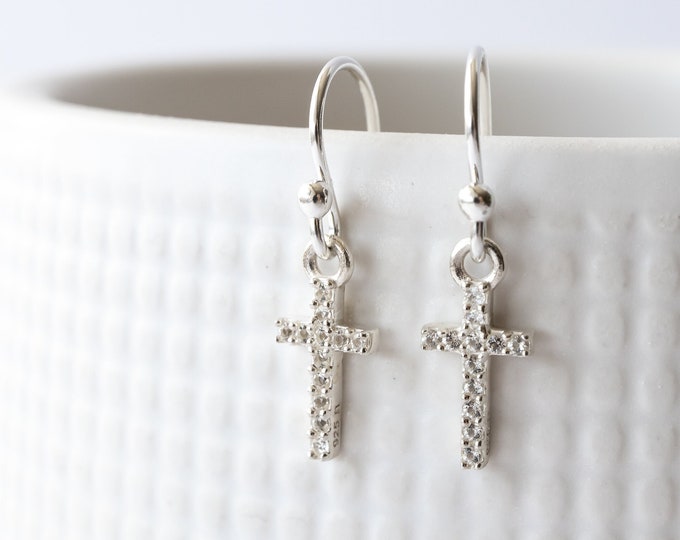 Dainty Cross Earrings in Sterling Silver, Dangle Earrings with Cross Charms