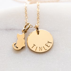 Gold Cat Necklace, Personalized with Cat&#39;s Name, Cat Lover Gift, Pet Memorial, Gold Filled and Bronze