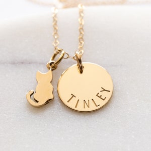 Gold Cat Necklace, Personalized with Cat's Name, Cat Lover Gift, Pet Memorial, Gold Filled and Bronze