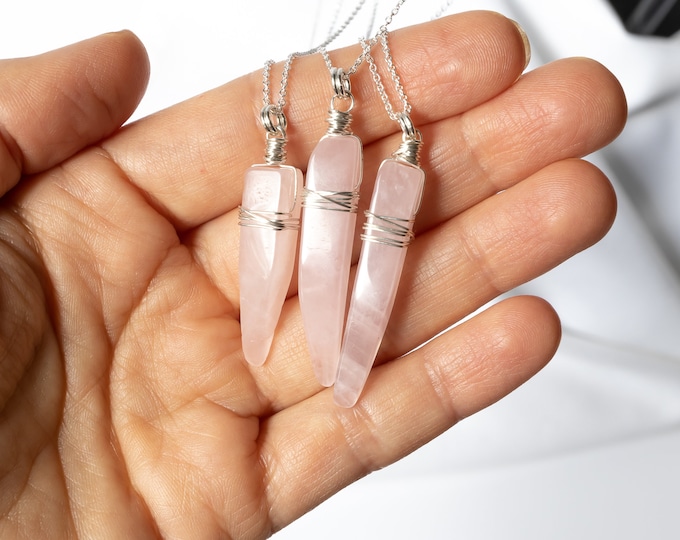 Rose Quartz Crystal Necklace, Rose Quartz Point Wire Wrapped in Sterling Silver