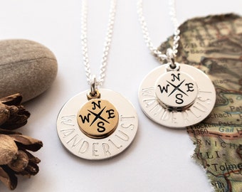 Wanderlust Necklace with Compass Charm, Sterling Silver and Bronze