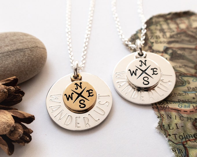 Wanderlust Necklace with Compass Charm, Sterling Silver and Bronze