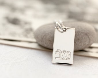 Sterling Silver Camera Necklace, Gift for Photographer, Hand stamped Rectangle Charm, Wedding Photographer Thank You Gift