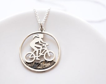 Biking Girl Necklace in Sterling Silver, Mountain Biker Girl Gift, Outdoor Adventure Jewelry