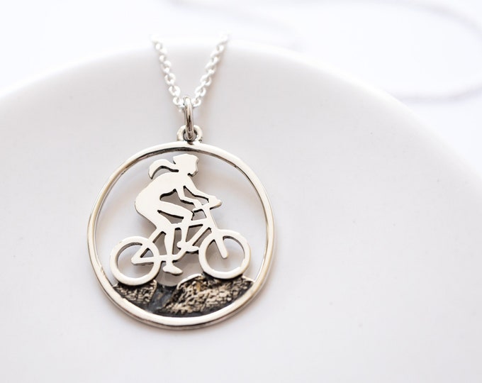 Biking Girl Necklace in Sterling Silver, Mountain Biker Girl Gift, Outdoor Adventure Jewelry