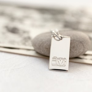 Sterling Silver Camera Necklace, Gift for Photographer, Hand stamped Rectangle Charm, Wedding Photographer Thank You Gift image 1