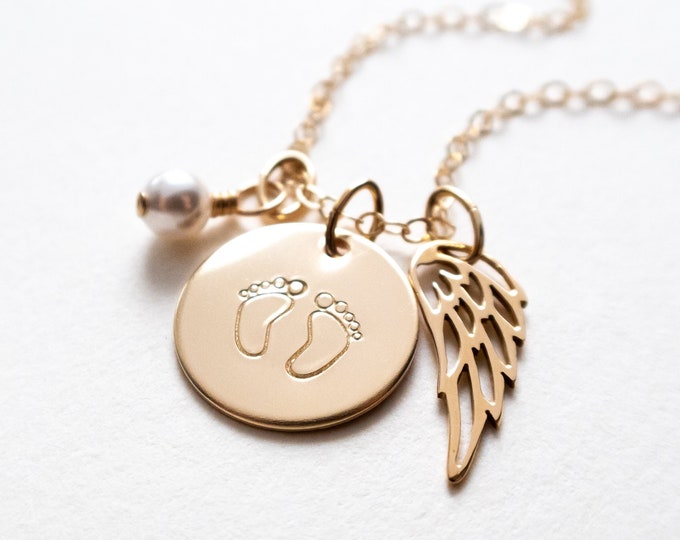 Baby Footprints and Angel Wing Necklace, Gold Filled, Miscarriage Necklace