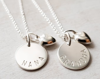 Sterling Silver Nana Necklace, Hand Stamped Grandma Gift with Heart Charm