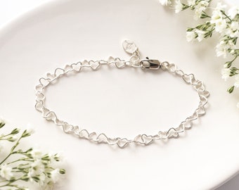 Sterling Silver Heart Chain Bracelet, Adjustable Length