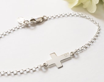 Sterling Silver Cross Bracelet personalized with Initial, Dainty and Minimalist