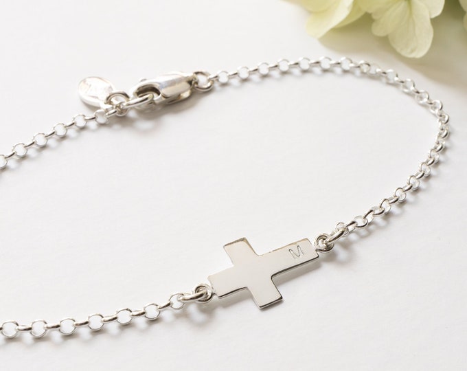 Sterling Silver Cross Bracelet personalized with Initial, Dainty and Minimalist