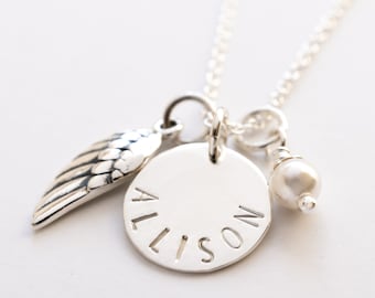 Personalized First Communion Necklace, Sterling Silver, Angel Wing and Name Charms