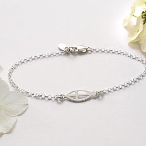 Dainty Christian Fish Bracelet, Sterling Silver, Tiny Sideways Ichthus with Cross Bracelet, Minimalist Religious Jewelry