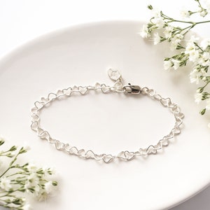 Sterling Silver Heart Chain Bracelet, Adjustable Length