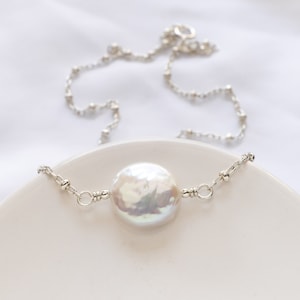 Coin Pearl Choker Necklace, Sterling Silver, White Freshwater Pearl Necklace, Single Pearl Choker, Gift for Her