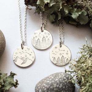 Forest or Mountains at Night Landscape, Nature Scene Necklace in Sterling Silver, Wanderlust Jewelry, Handmade Gift for Outdoor Lovers image 1