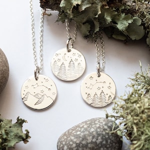 Forest or Mountains at Night Landscape, Nature Scene Necklace in Sterling Silver, Wanderlust Jewelry, Handmade Gift for Outdoor Lovers