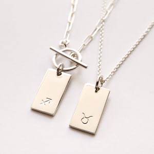 Sterling Silver Zodiac Necklace  on Paperclip Toggle Chain OR Cable Chain, Rectangle Zodiac Sign Charm, Personalized Birthday Gift for Her