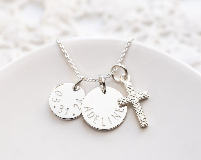 Cross Necklace Personalized with Name and Date Charms, Sterling Silver, First Communion Gift For Girl