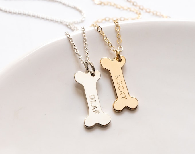 Personalized Dog Bone Necklace, Dog Name, Dog Lover Gift, Sterling Silver or Gold Filled/Bronze