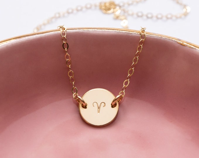 Tiny Zodiac Choker Necklace, Gold Filled, Hand Stamped Zodiac Sign, Dainty Minimalist Jewelry, Birthday Gift for Her
