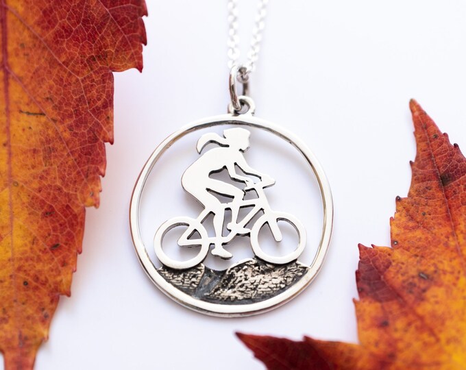 Biking Girl Necklace in Sterling Silver, Mountain Biker Girl Gift, Outdoor Adventure Jewelry