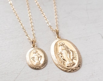 Gold Filled Virgin Mary Necklace - Large or Small Miraculous Medal, Adjustable Length