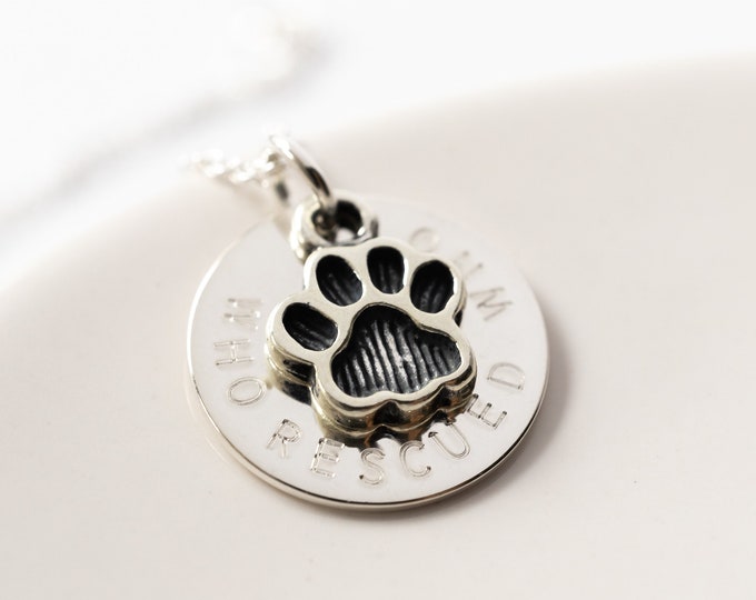 Sterling Silver Who Rescued Who Necklace with Paw Print Charm, Dog Adoption Gift