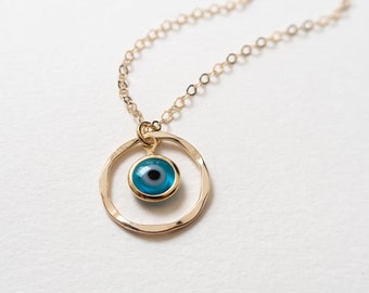 Evil Eye Necklace, 14k Gold Filled, Turquoise Blue Evil Eye in Eternity Circle, Protection Necklace, Gift for Her, Dainty Evil Eye Jewelry