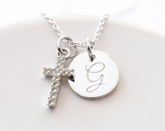 Personalized First Communion Necklace for Girl, Dainty Cross and Initial Necklace, Sterling Silver, Confirmation Gift