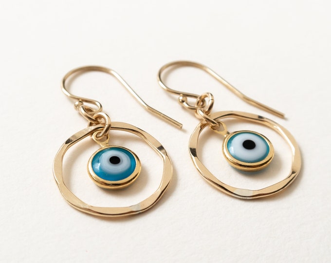 Evil Eye Earrings in Gold Filled, Dainty Dangle Earrings with Turkish Evil Eye, Protection Jewelry, Gift for Her