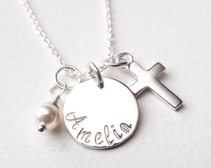 Sterling Silver Cross Necklace Personalized with Name and Pearl or Birthstone Charm, First Communion or Confirmation Gift For Girl