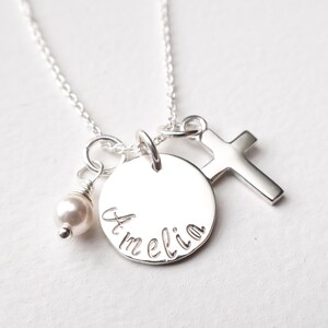 Sterling Silver Cross Necklace Personalized with Name and Pearl or Birthstone Charm, First Communion or Confirmation Gift For Girl