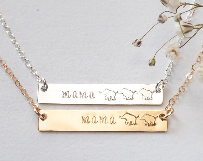 Mama Elephant Bar Necklace, Mother Jewelry, Personalized Horizontal Bar Necklace, Gift for Mom, Gold Filled, Sterling Silver