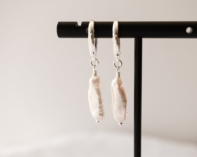 Stick Pearl Earrings in Sterling Silver, Baroque Pearl Dangle Earrings