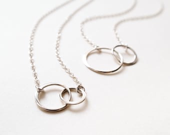 Mother Daughter Necklace Set, Matching Two Circle Necklaces, Sterling Silver