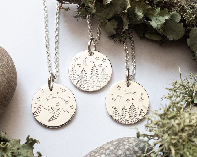 Forest or Mountains at Night Landscape, Nature Scene Necklace in Sterling Silver, Wanderlust Jewelry, Handmade Gift for Outdoor Lovers