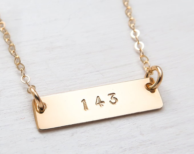 143 Necklace, I Love You, Horizontal Bar Choker, Dainty, Gift for Girlfriend, Gold Filled