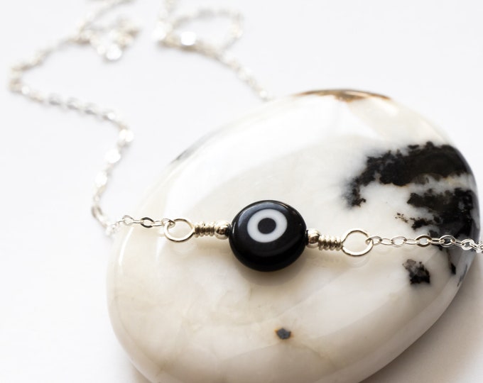 Black Evil Eye Necklace, Sterling Silver