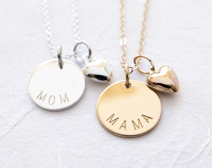 Dainty Mama Necklace with Heart Charm, Gold Filled or Sterling Silver, Gift for Mom