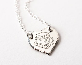 Book Lover Necklace in Sterling Silver, Handmade Gift for Readers and Writers