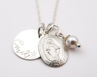 Sterling Silver Miraculous Medal Necklace, Personalized with Name, Virgin Mary Necklace, First Communion Gift For Girl