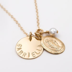 Gold Filled Miraculous Medal Necklace, Personalized with Name, Virgin Mary Necklace, First Communion Gift For Girl