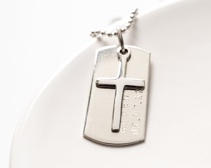 First Communion Gift for Boys, Personalized with Name and Date, Sterling Silver, Christian Dog Tag Necklace, Confirmation Gift for Boys