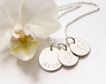 Sterling Silver Mama Necklace Personalized with Kids Initials, Dainty Mom Necklace, Mother's Day Gift