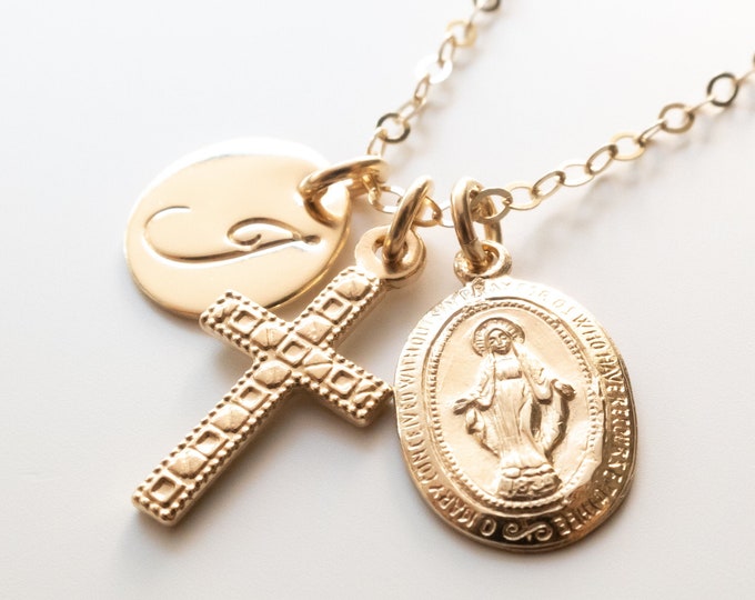 Personalized Cross and Miraculous Medal Necklace, Gold Filled, First Communion Gift
